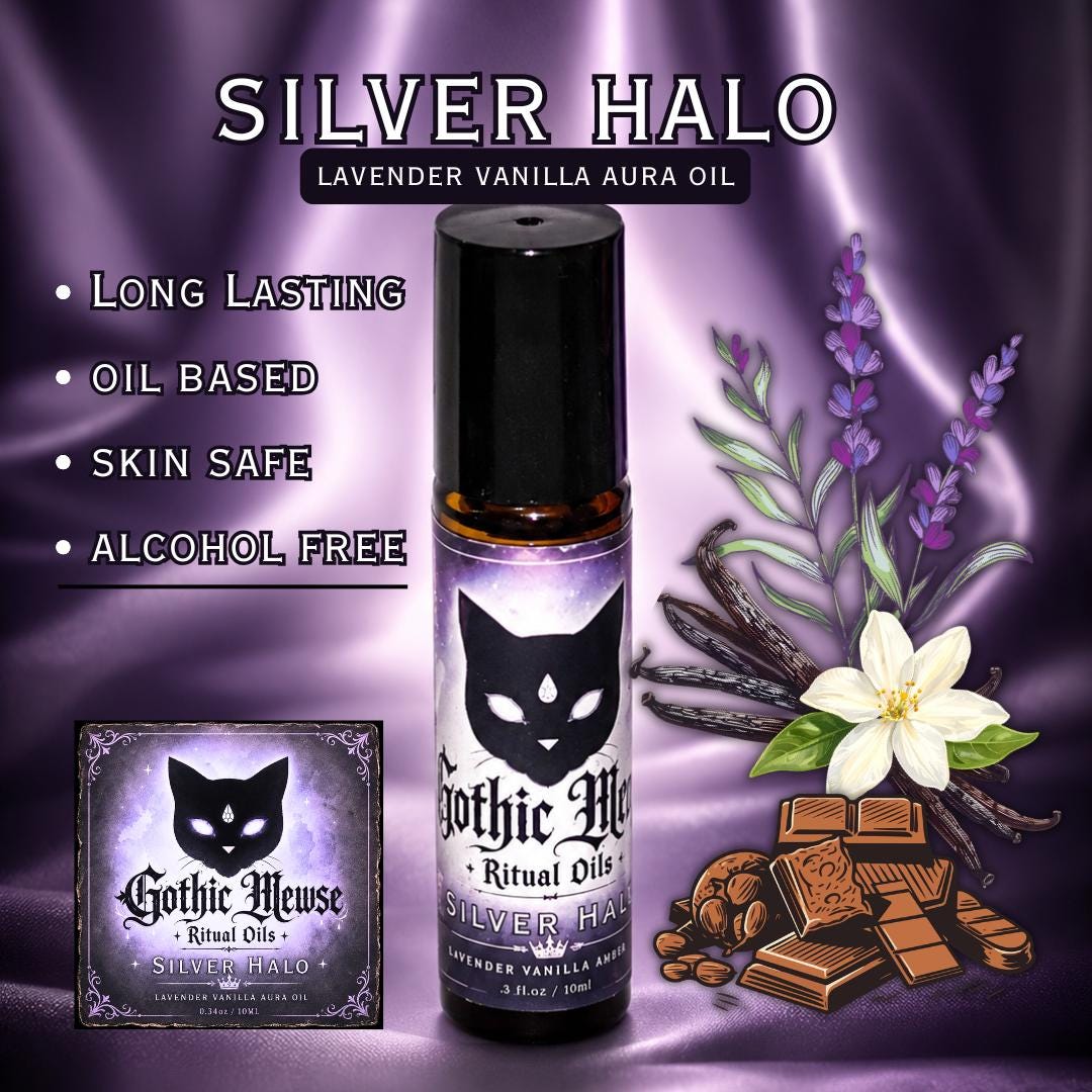 Silver Halo surrounded by lavender sprigs, vanilla flowers, and chocolate