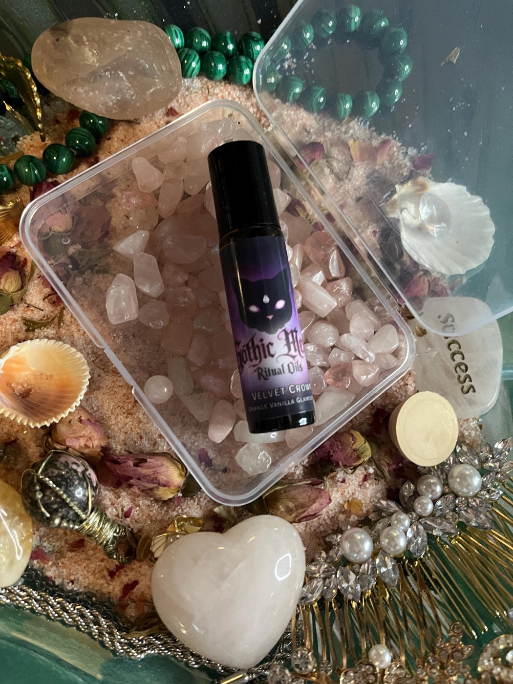 Velvet Crown among rose quartz chips and crystals